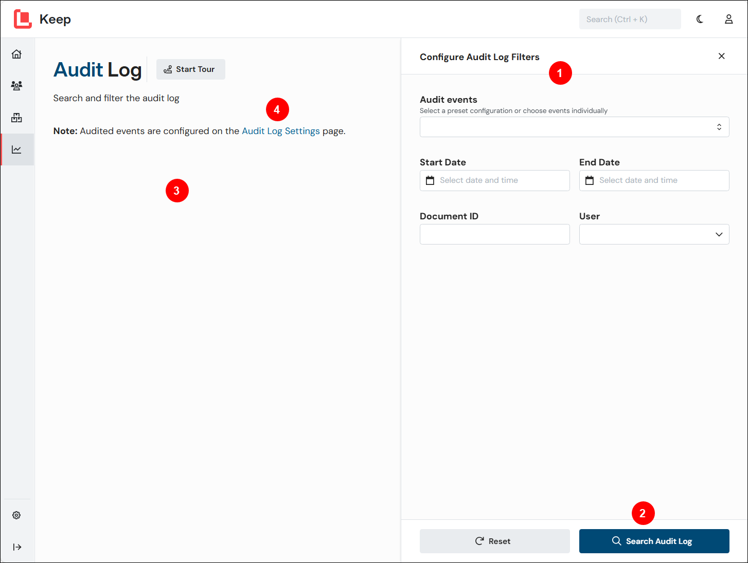 A number annotated screenshot of the Audit Log page that displays the position of various elements of the page on first load.